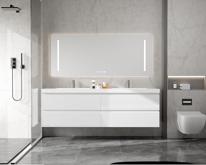 72 Inch Floating Bathroom Vanity with Double Sink, Large Storage Wall Mounted Floating Vanity with 4 Soft Close Drawers, One-Piece Basin Bathroom Sink Cabinet (Glossy White, 72 Inch double sink)