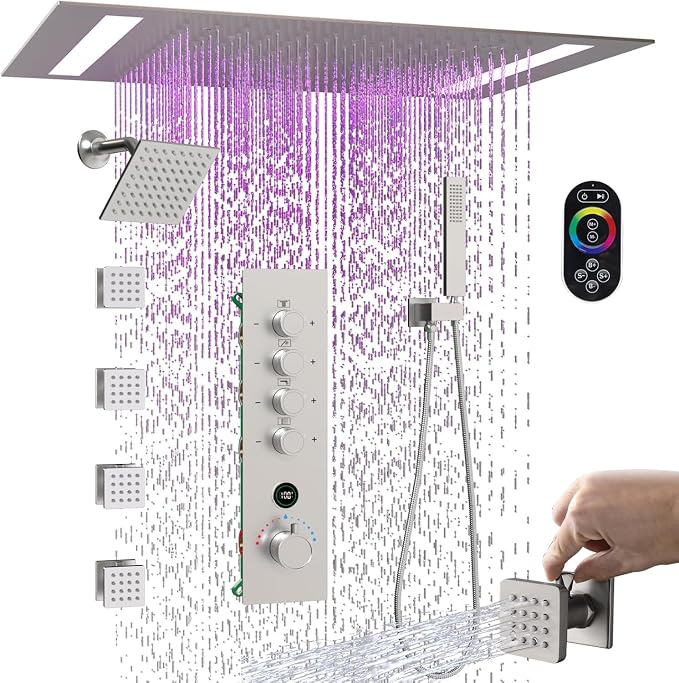 Luxury Thermostatic Digital Dual Heads Shower System Brushed Nickel Full Bdoy Shower Faucet Set with 20x14in LED Rainfall Showerhead and 6in Wall Shower, 4 Body Jets with Shut-off, Brass Handheld