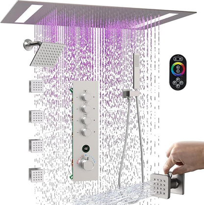 Luxury Thermostatic Digital Dual Heads Shower System Brushed Nickel Full Bdoy Shower Faucet Set with 20x14in LED Rainfall Showerhead and 6in Wall Shower, 4 Body Jets with Shut-off, Brass Handheld