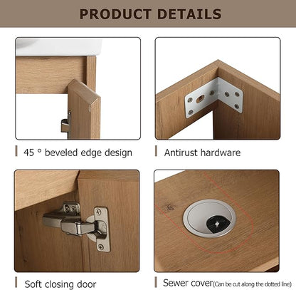Henf 23" Freestanding Bathroom Vanity with Sink Set for Small Space, Soft Close Doors Round Ceramic Basin Floor Mount Bathroom Cabinet, Vanity and Sink Combo for Home