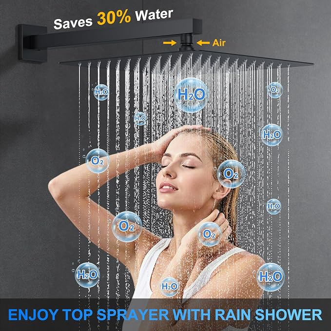 Woindo Shower Faucet Set, 12" Wall Mount Rainfall Shower System with 2 Rain Shower Head and Multi-function Handheld Head Push Button Diverter Shower Faucet Trim Kit