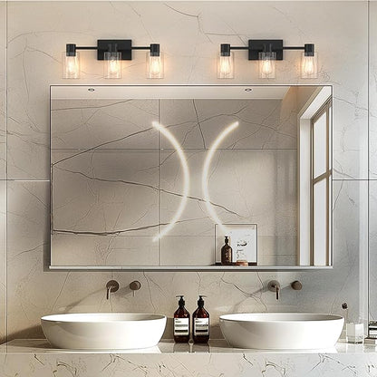 3-Light Matte Black Wall Sconces for Bathroom, Modern Vanity Light Fixtures Over Mirror, Bathroom Light Fixtures with Clear Glass Shade, E26 Wall Sconces for Living Room, Hallway