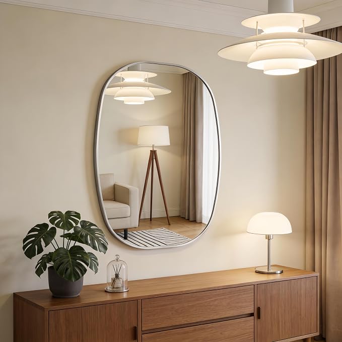 Silver Oval Bathroom Mirrors 24x32 Inch | Oblong Vanity Mirror, Crystal-Clear HD Glass, Rust-Proof Aluminum Frame, Inner-Curved Decor for Bedroom, Entryway
