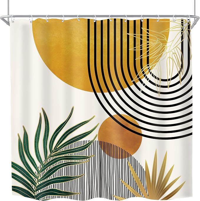 Mid Century Boho Abstract Modern Sun Minimalist Bathroom Shower Curtain Set | 72Wx72H Arch Curve design, waterproof HD print with fast-drying fabric and 12 hooks.