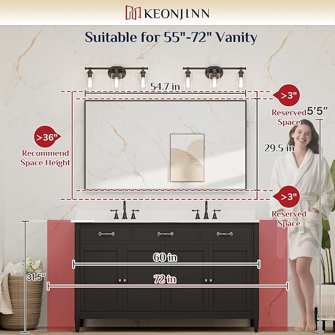 Keonjinn 55x30 Inch Gold Bathroom Mirror for Over Sink, HD Tempered Glass | Rectangular, Vanity Mirror, Brushed Framed, Square Corner, Modern Farmhouse, Wall Mounted Mirrors, Aluminum Alloy