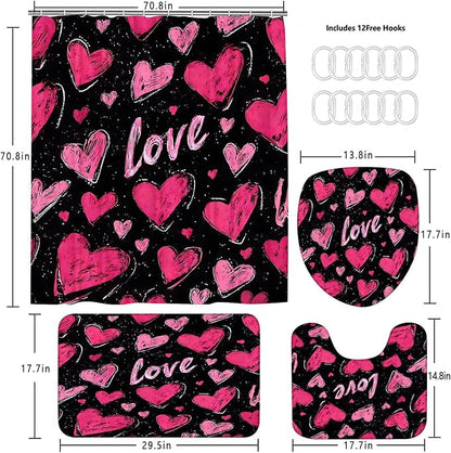 DDQQ 4 Pcs Pink Heart Shower Curtain Set Love Bathroom Sets with Shower Curtain and Rugs Romantic Bathroom Decor Accessories Bathroom Rugs Toilet Lid Cover with Hooks