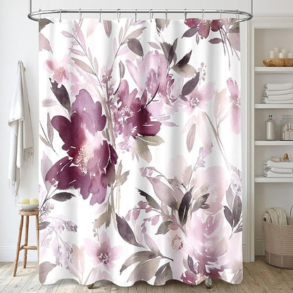MAYZUS Extra Long Shower Curtain 72 x 84 Inch, Tall Mauve Floral Decor | Watercolor Floral Modern Abstract Flower Bathroom Fabric Shower Curtain Set with Hooks
