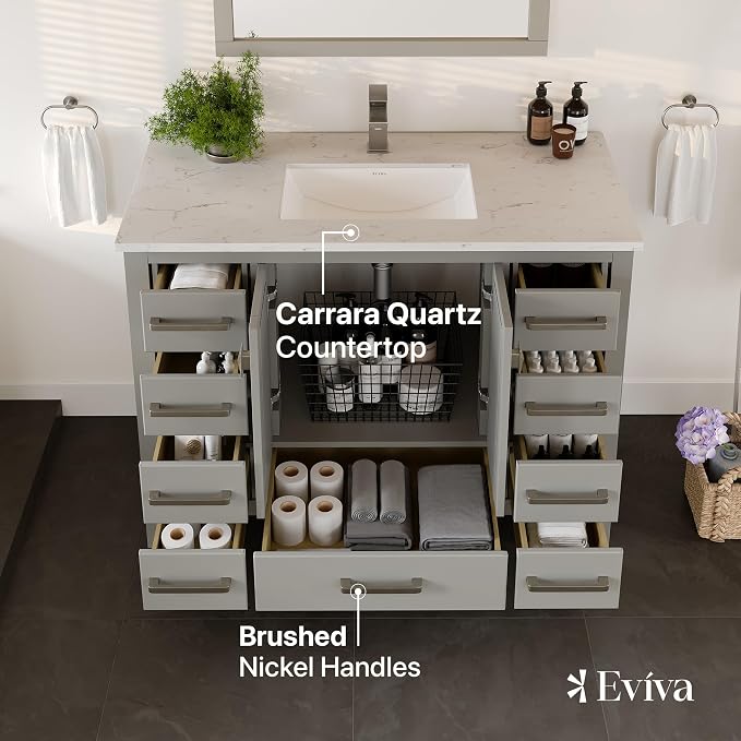 Eviva London 42 Inch Vanity with Top – 42 Bathroom Vanity with Sink and Countertop, Gray Bathroom Sink Cabinet with Quartz Countertop & Porcelain Single Sink for Modern Bathroom & Home Decor