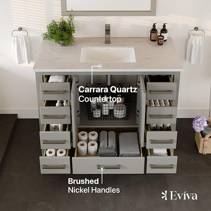 Eviva London 42 Inch Vanity with Top – 42 Bathroom Vanity with Sink and Countertop, Gray Bathroom Sink Cabinet with Quartz Countertop & Porcelain Single Sink for Modern Bathroom & Home Decor