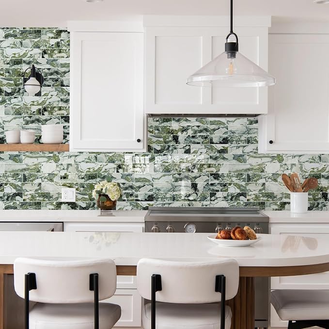 Vamos Tile Peel and Stick Backsplash, Glossy 40-Piece 3''x12'' Subway Tile | Ice Green with White Grout Wall Tile,PVC Faux Stone Stick on Subway Tiles for Kitchen,Bathroom,Laundry,Camper,Fireplace
