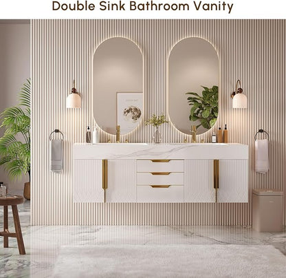 Bathroom Vanity with Sink, Modern Bathroom Vanity with Faux Marble Top, Gold Hardware & Soft-Close Drawers for Bathroom Storage (59.1 Inch, White, Double Sink & Floating)