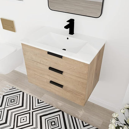 30 Inch Bathroom Vanity with White Sink Combo, Wall-Mounted Bathroom Vanity 3 Drawer&Left Side Shelf for Small Space, Modern Floating Bathroom Cabinet with Top Basin & Storage Cabinet,Brown