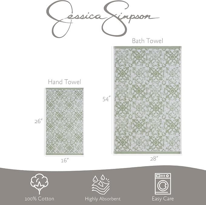 Jessica Simpson – Bath Towel 4 Piece Set, Aziza, Premium Bathroom Décor, Includes 2 Hand Towels and 2 Shower Towels, 100% Cotton & Machine Washable, Frosty Green