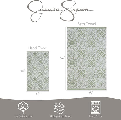 Jessica Simpson – Bath Towel 4 Piece Set, Aziza, Premium Bathroom Décor, Includes 2 Hand Towels and 2 Shower Towels, 100% Cotton & Machine Washable, Frosty Green