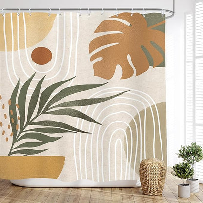 Glawry Beige Green Boho Shower Curtain Mid Century Abstract Plant Tropical Palm Leaf Minimalist Arch Geometric Bathroom Modern 72Wx78L Inches Bath Accessories Art Home Decor Fabric 12 Pack Hook