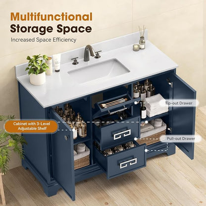 48 Inch Bathroom Vanity with Sink, Fully Assembled, Navy Blue | Bathroom Sink Cabinet with Marble Countertop & Backsplash, Soft Closing 2 Doors & 3 Drawers, Adjustable Shelves