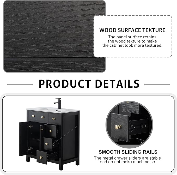 LUCKWIND 30" Bathroom Vanity with Sink, Modern Bathroom Storage Cabinet with Undercounter Sink and Wood Grain Veneer Surface, Include Faucet, No Mirror, Black