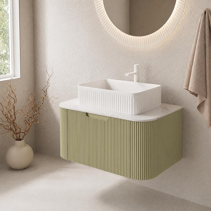 30 Inch Bathroom Vanity with Sink, Floating Wall Mounted Single Sink Vanity, Sage Green Curved Fluted Front, Stone Top, White Textured Rectangular Vessel Basin, Pre-Assembled