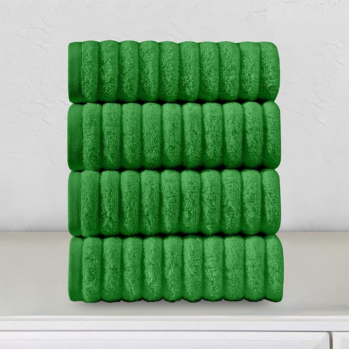 Elegant Comfort Luxury 100% Turkish Cotton Corduroy Ribbed 4 Pack Hand Towel Set 16 x 28 Inch - Absorbent, Super Soft, Quick Dry, Premium Towels for Bathroom, Gym, Spa and Hotel Use, Emerald Green