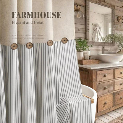 Farmhouse Shower Curtain Linen Button Grey Stripe 72" W x 72" L | Farmhouse Style, Chic Button, Striped, Linen Fabric, Rustic, Country, Natural Look, Washable, for Bathroom Bathtub