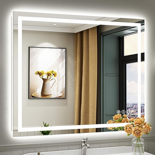48x40 Inch LED Bathroom Mirror with Lights, Backlit & Front Lit, Anti-Fog Lighted Bathroom Vanity Mirror for Wall, Memory Function, Dimmable, HD Tempered Glass, Shatter-Proof