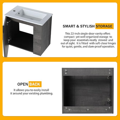 22 Inch Bathroom Vanity with Sink, 22" Wall Mounted Vanity Sink Combo for Small Space, Modern Bathroom Cabinet Set with Ceramic Basin Sink Top and Soft-Closing Door, Plaid Grey Oak