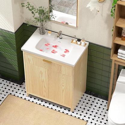 32 Inch Bathroom Vanity with Sink, Bathroom Vanity Cabinet with Single Sink, Bath Vanities with 2 Doors and 1 Flip Drawer, Natural Oak (19" D x 32" W x 36" H)