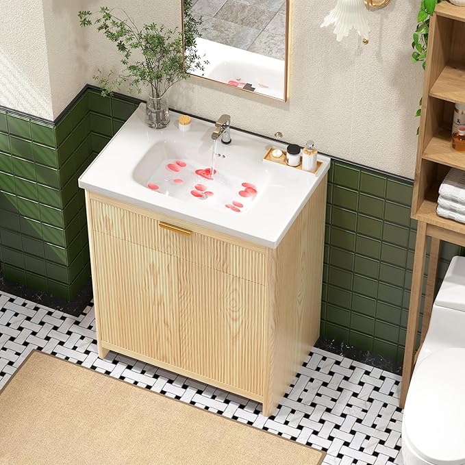 32 Inch Bathroom Vanity with Ceramic Sink, Small Bathroom Sink Cabinet with Fluted Doors and Flip Drawer, Single Sink Bath vanities Combo, Natural Oak (19" D x 32" W x 36" H)