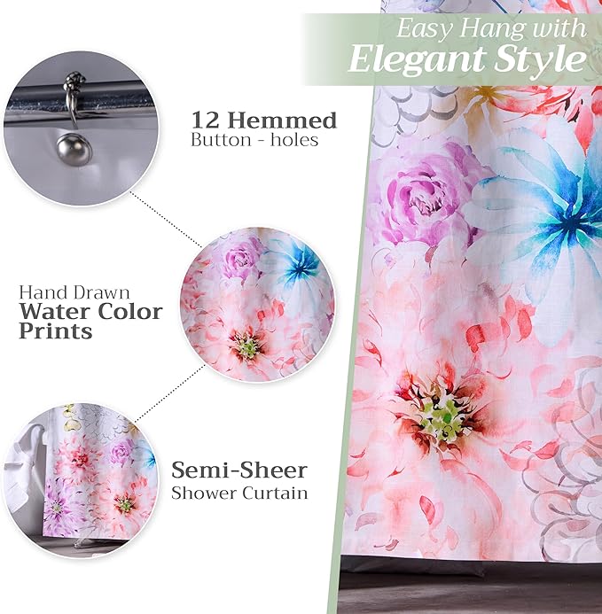 Maison d' Hermine Shower Curtain 100% Cotton One Panel 70"x72" Washable Fabric Shower Curtains for Bathroom, Easy Hanging with 12 Button Holes - Home Hotel Spa Easter Gifts (Floral - White)
