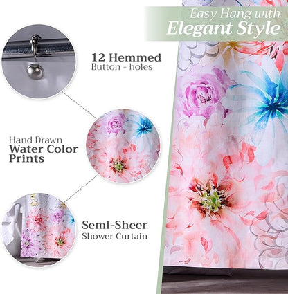 Maison d' Hermine Shower Curtain 100% Cotton One Panel 70"x72" Washable Fabric Shower Curtains for Bathroom, Easy Hanging with 12 Button Holes - Home Hotel Spa Easter Gifts (Floral - White)