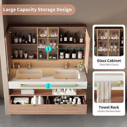 64-Inch Double Sink Vanity with Medicine Cabinet, Mirror Defogger, Wall Mounted Touch Dimming Floating Storage