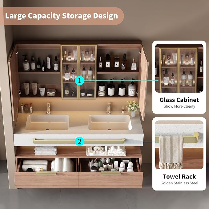 Bathroom Vanity with Sink, 88 inch Double Sink Bathroom Medicine Cabinet with Mirror Defogger, Wall Mounted Touch Dimming Floating Vanity Bathroom Storage