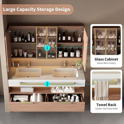 Bathroom Vanity with Sink, 88 inch Double Sink Bathroom Medicine Cabinet with Mirror Defogger, Wall Mounted Touch Dimming Floating Vanity Bathroom Storage