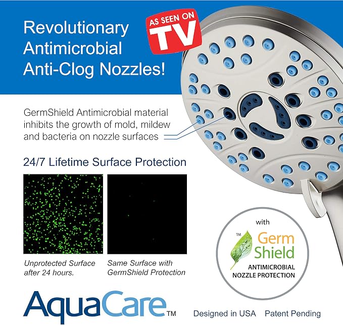 AquaCare 50-mode High Pressure 7 inch Shower Head Combo w/Dual Power Wash | Hygienic Jets, 2-mode Handheld Power Wash for Tub, Tile & Pets, Long 6 ft. Stainless Steel Hose, Extra Wall Bracket / Nickel