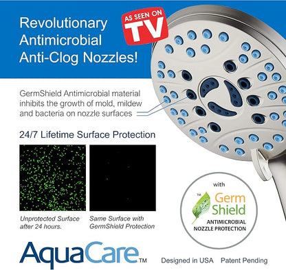 AquaCare 50-mode High Pressure 7 inch Shower Head Combo w/Dual Power Wash | Hygienic Jets, 2-mode Handheld Power Wash for Tub, Tile & Pets, Long 6 ft. Stainless Steel Hose, Extra Wall Bracket / Nickel