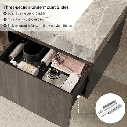 Ambrovina 36" Floating Bathroom Vanity with Sink, Modern Plywood Bathroom Storage Cabinet with Drawer and Door, Light Gray Sintered Stone Top and White Ceramic Basin, Pre-Assembled, Espresso Woodgrain