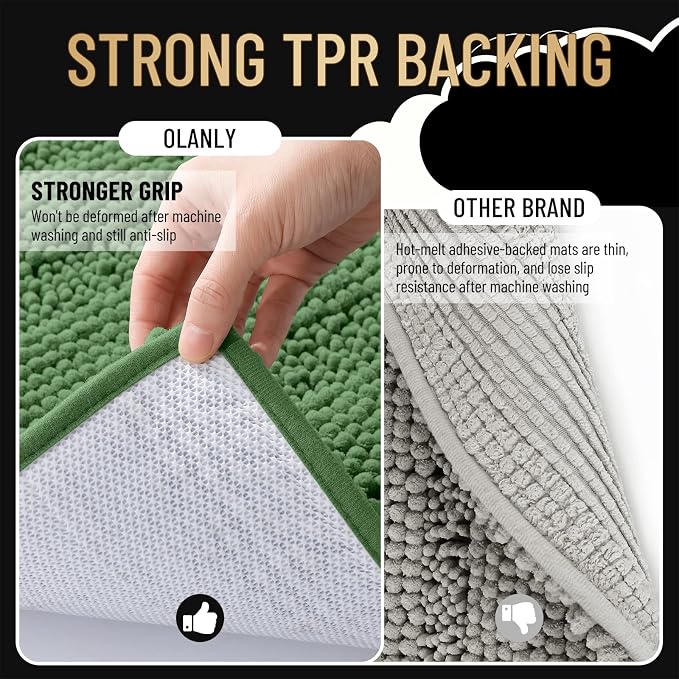 OLANLY Thick Bathroom Rugs 30x20, Chenille Striped Bath Rugs, Olive Green | Rubber Backing, Machine Wash, Extra Soft Absorbent Bath Mats for Bathroom Floor, Tub and Shower, Home Decor Accessories