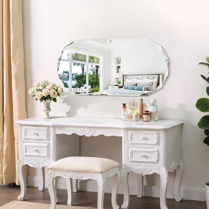GLASHOM Beveled Edge Frameless Bathroom Mirror, Oval Wall Mirror for Over Sink, 18" x 36" Modern Decorative Vanity Mirror for Bedroom, Living Room, Entryway, Hanging Mirror Horizontal or Vertical