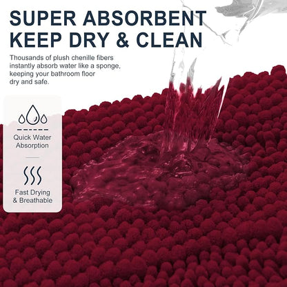 Smiry Thick Chenille Bathroom Runner Rugs 47x24, Soft Bath Mat, Burgundy | Quick‑Dry & Machine Washable, Non‑Slip Bath Carpet, Striped Bath Rugs for Tub & Shower, Modern Home Decor Accessories