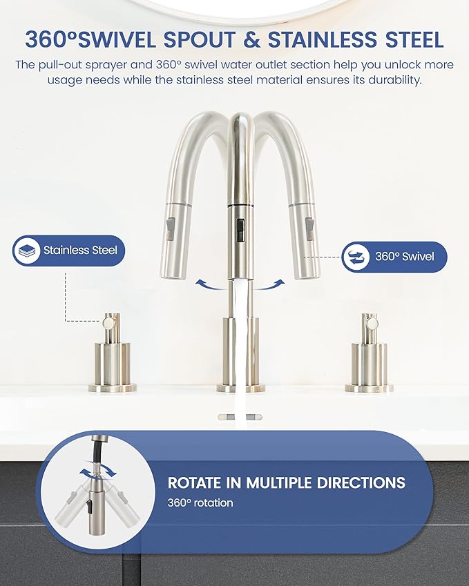 Bathroom Faucet 3 Holes - Brushed Nickel Bathroom Faucet with Sprayer - Widespread Sink Faucets 2 Handles - Pull Down Vanity Faucets with Pop Up Drain and Supply Lines