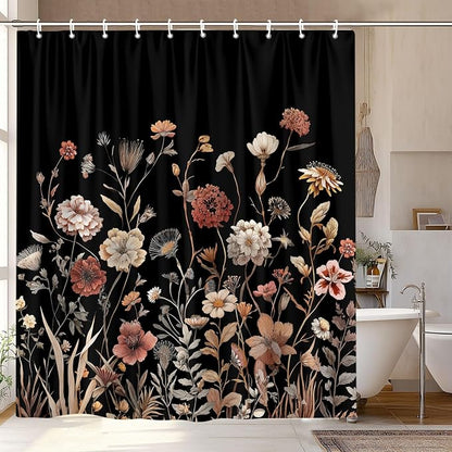 Vintage Boho Black Floral Shower Curtain, Beige Brown Cream Tan Rustic Farmhouse Flower Shower Curtain Set, Cute Botanical Wlidflowers Fabric Shower Curtains Decoration, 60X72 Bathroom Accessories