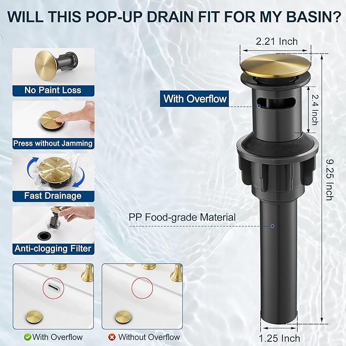8 Inch Brushed Gold Bathroom Faucet 3 Hole, Brass Waterfall Bathroom Faucets Widespread 2 Handle with Pop up Drain & Pre-Installed cUPC Supply Lines for Vanity, 10 Mins Quick Installation