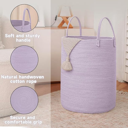 JMvicyroam 100L Cotton Rope Laundry Basket Hamper, Purple | Collapsible laundry basket, reinforced handles, freestanding, machine washable, holds 3-5 thick blankets, clothes or toys