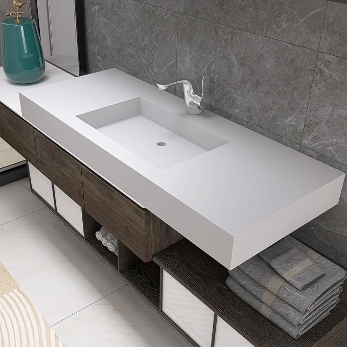 47" Wall Mount Sink, Artificial Stone Bathroom Sink, Single Hole | Matte Bathroom Vanity Vessel Sinks Rectanglee Indoor Modern Floating or Countertop Freestanding Wall Hang Sink Bowl