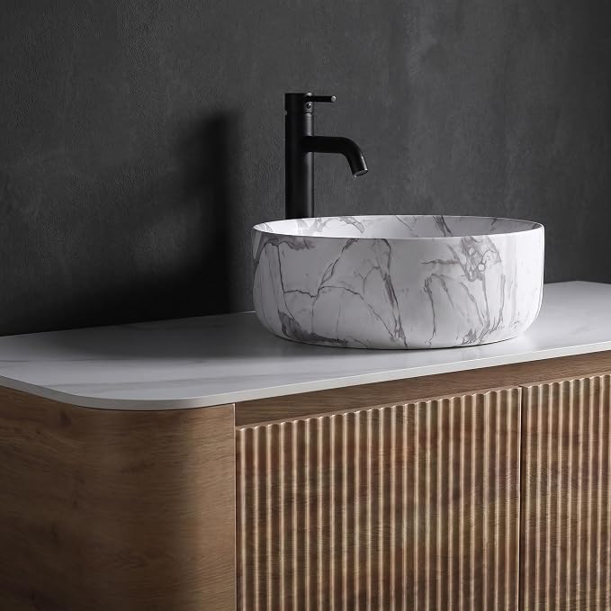 48" Preassembled Floating Bathroom Vanity with Carrara Finish Sink, Oak | Mid-Century Modern Style, Fluted & Soft-Close Drawer with U-shaped Wall, Sinterted Stone Countertop, Towel Rack Included