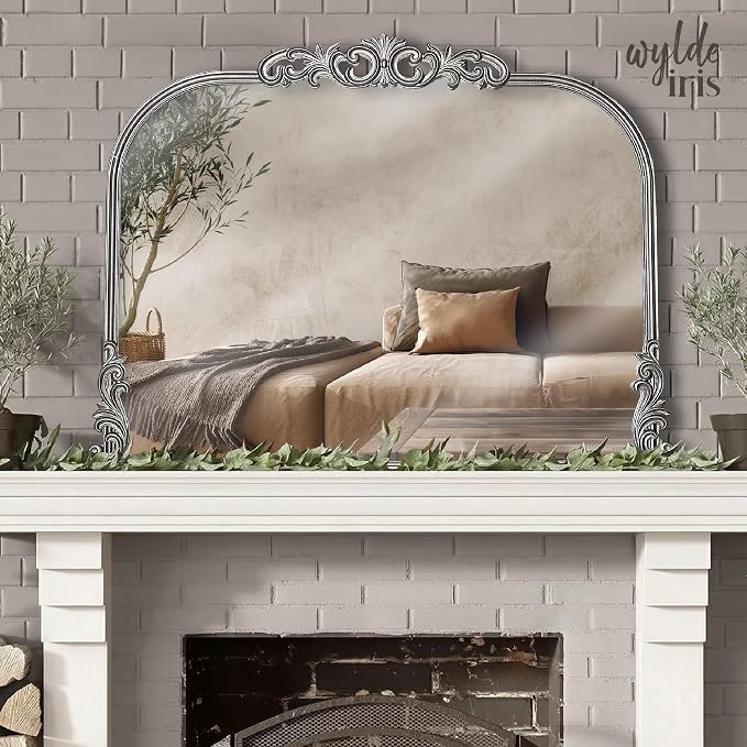 English Estate Carved Arch Wood Wall Mirror, Mirror for Entryway, Living Room, Bathroom, Antique Silver, 30.6x41
