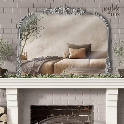 English Estate Carved Arch Wood Wall Mirror, Mirror for Entryway, Living Room, Bathroom, Antique Silver, 30.6x41