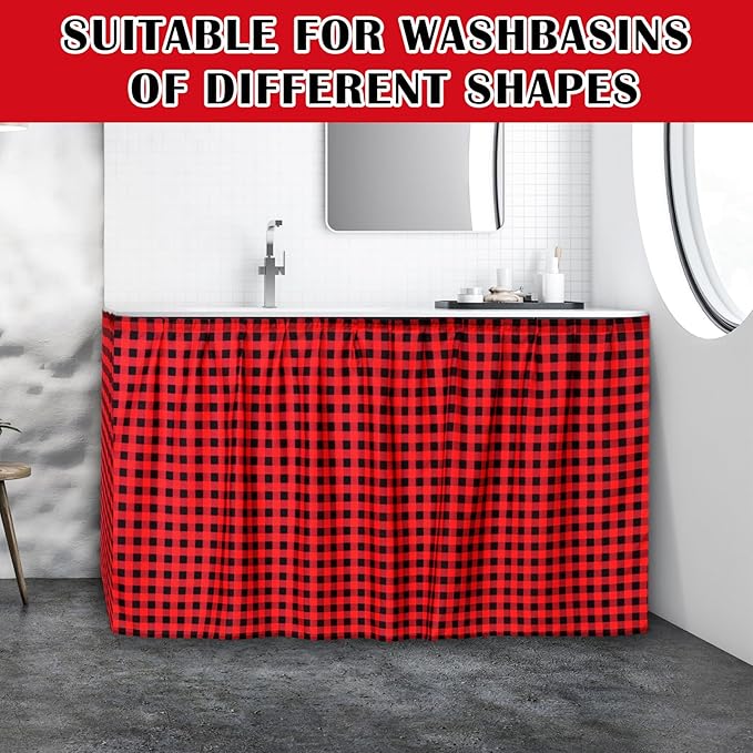 Fabric Sink Skirt Diamond Bathroom Stitch Self Stick Adhesive Waterproof Fabric Under Sink Curtain Skirt 55 x 32 Inch Adds Bathroom Storage(Red and Black,Classic Style)