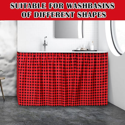 Fabric Sink Skirt Diamond Bathroom Stitch Self Stick Adhesive Waterproof Fabric Under Sink Curtain Skirt 55 x 32 Inch Adds Bathroom Storage(Red and Black,Classic Style)