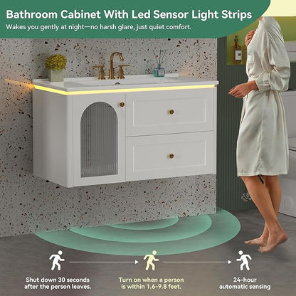 36 inch Floating Bathroom Vanity with Sink, Soft-Close Storage Cabinet and 2 Drawers, Wall-Mounted Modern LED Bathroom Cabinet with Ceramic Integrated Sink, White